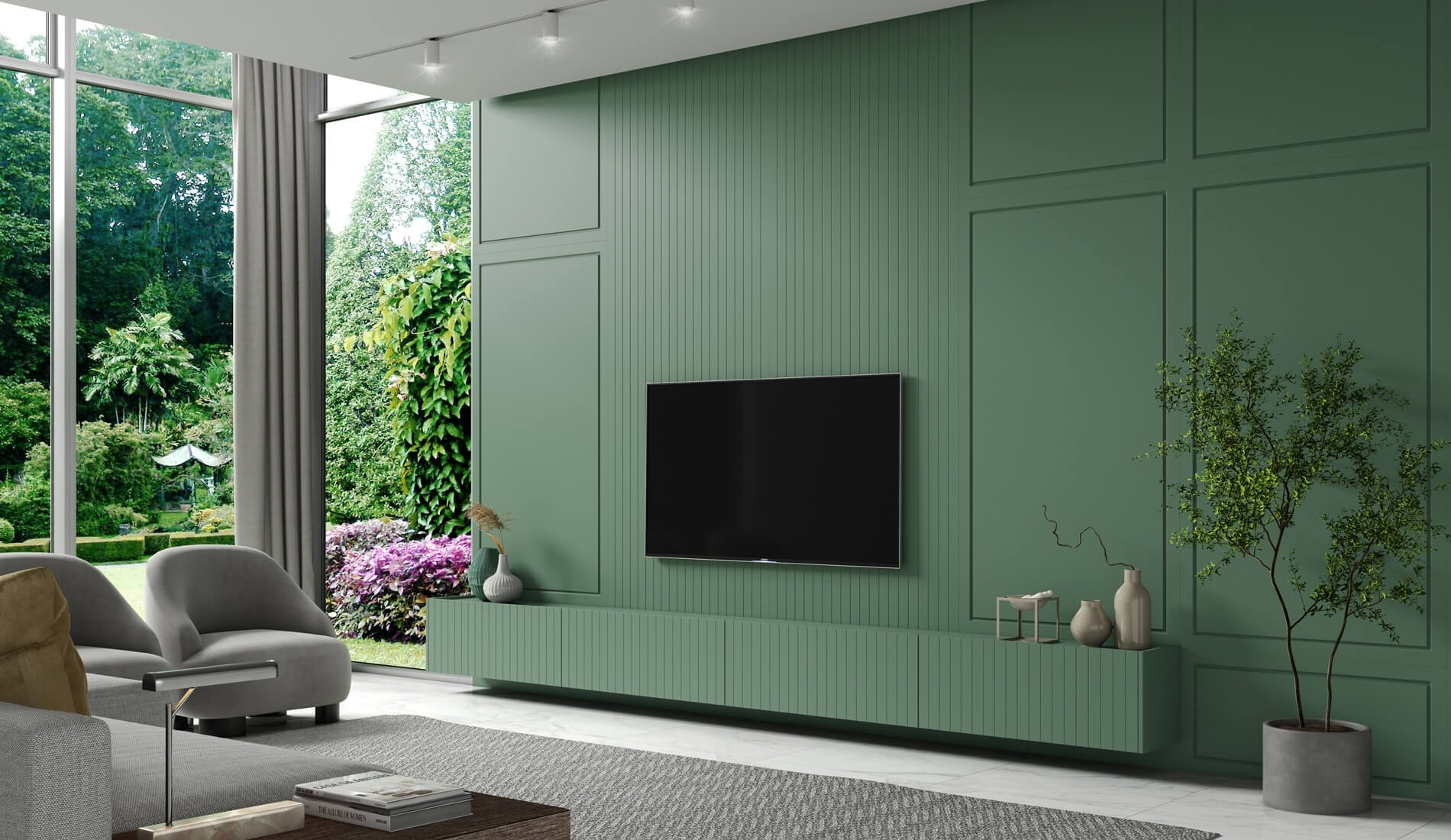 Sala com painel verde e boiserie