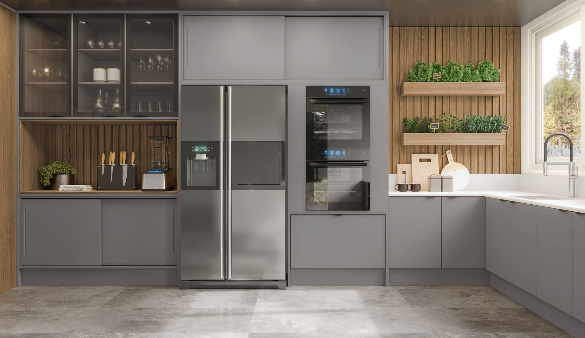 Cozinha integrada com ilha, armários e acabamentos contemporâneos
